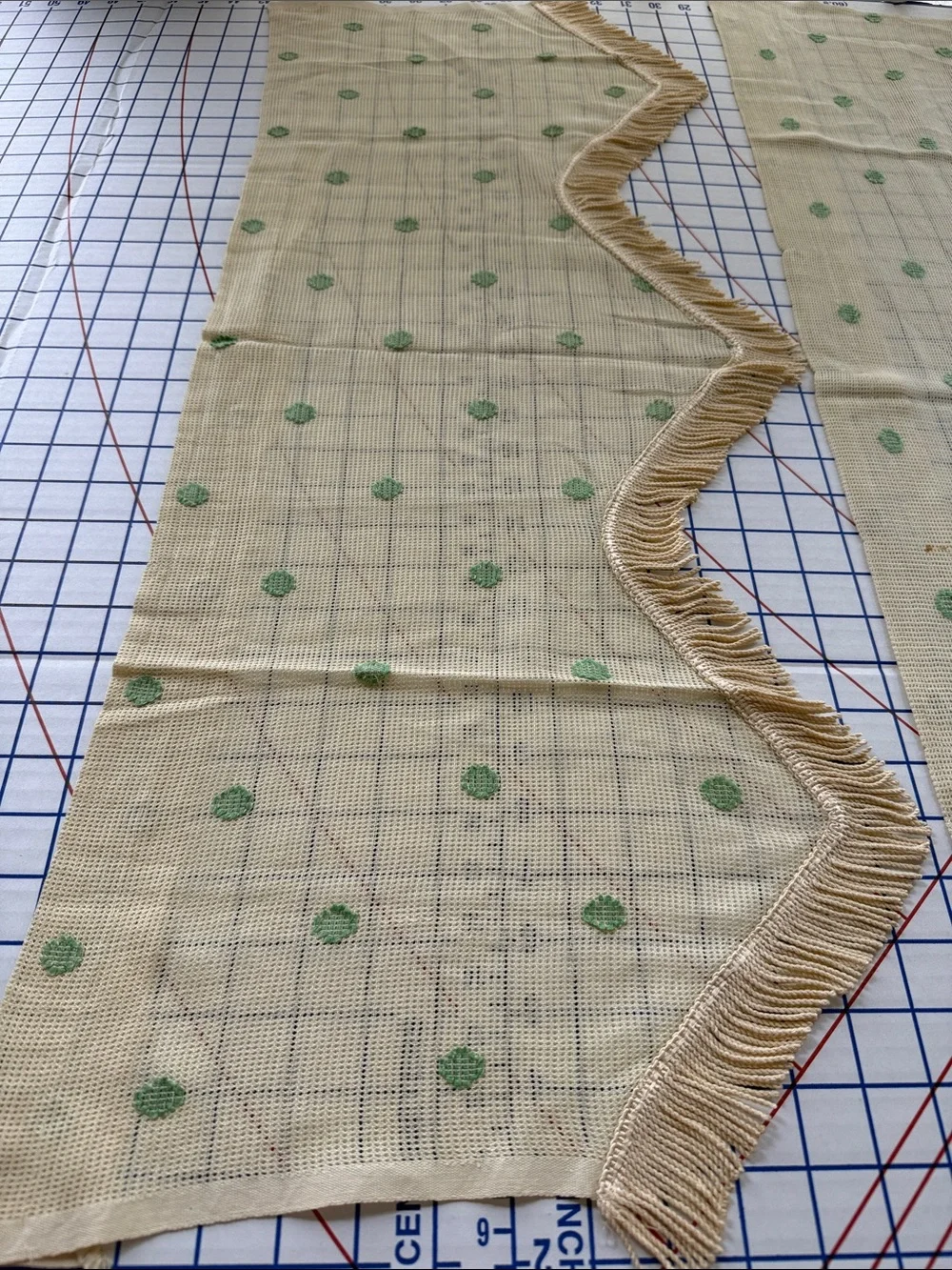 Antique 1920s 1930s Valances Set of 3 Fringed Plaid Green Dot Window Curtains